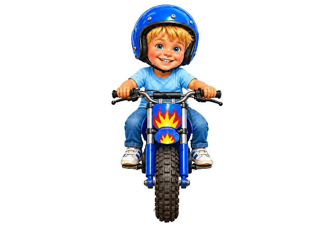 Staf op zijn blauwe minibike, van voren gezien