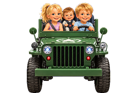 Madou en Staf voorin hun groene jeep, met baby Jackie achterin
